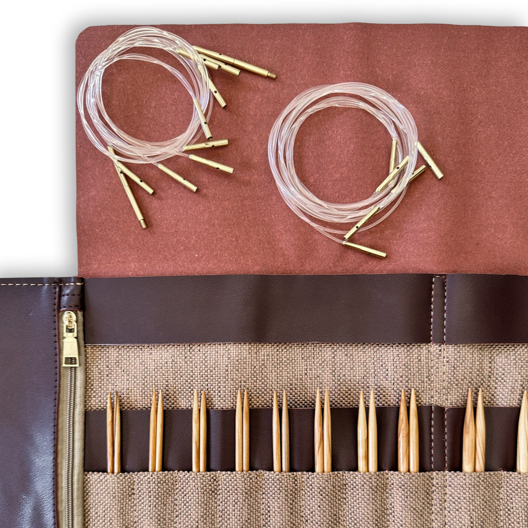 Premium 5 Inch Olive Wood Interchangeable Circular Knitting Needle Set with Carrying Case (29 Piece Set) - Prismatic Fiber Arts