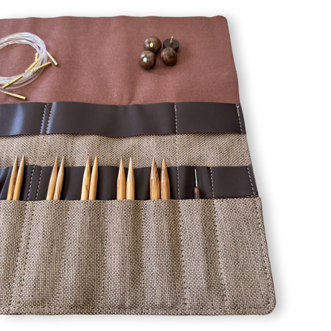 Premium 5 Inch Olive Wood Interchangeable Circular Knitting Needle Set with Carrying Case (29 Piece Set) - Prismatic Fiber Arts