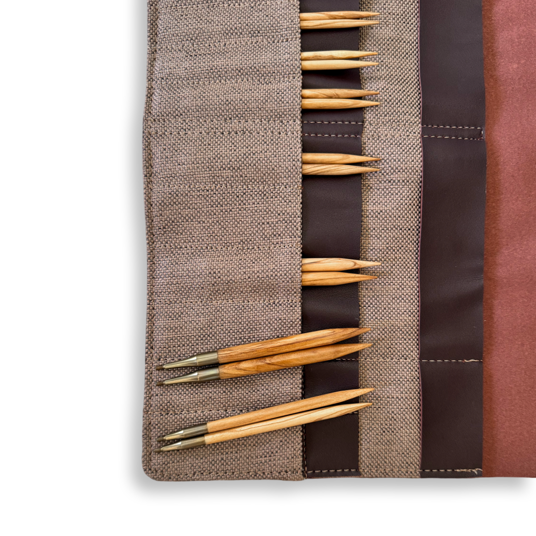 Premium 5 Inch Olive Wood Interchangeable Circular Knitting Needle Set with Carrying Case (29 Piece Set) - Prismatic Fiber Arts