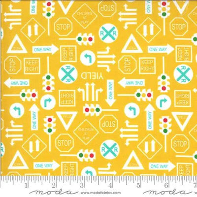 On The Go Yellow Traffic Signs Backhoe 44"/45" Fabric Per Yard - Prismatic Fiber Arts