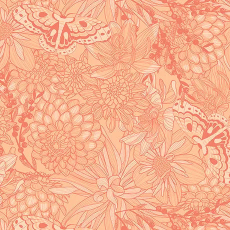 Light Salmon Dahlias at Dusk Tonal Floral & Butterflies Cotton 44"/45" Fabric Per Yard - Prismatic Fiber Arts