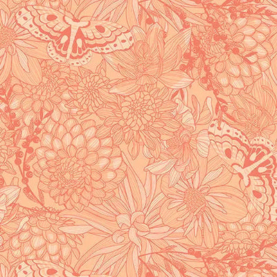 Light Salmon Dahlias at Dusk Tonal Floral & Butterflies Cotton 44"/45" Fabric Per Yard - Prismatic Fiber Arts
