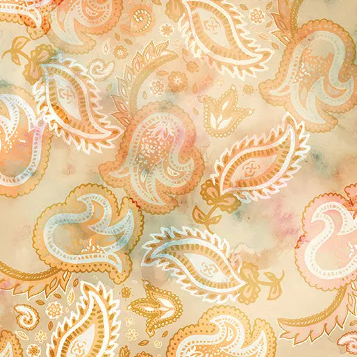 Orange Shadow Paisley Buff Cotton Wideback Fabric per yard - Prismatic Fiber Arts