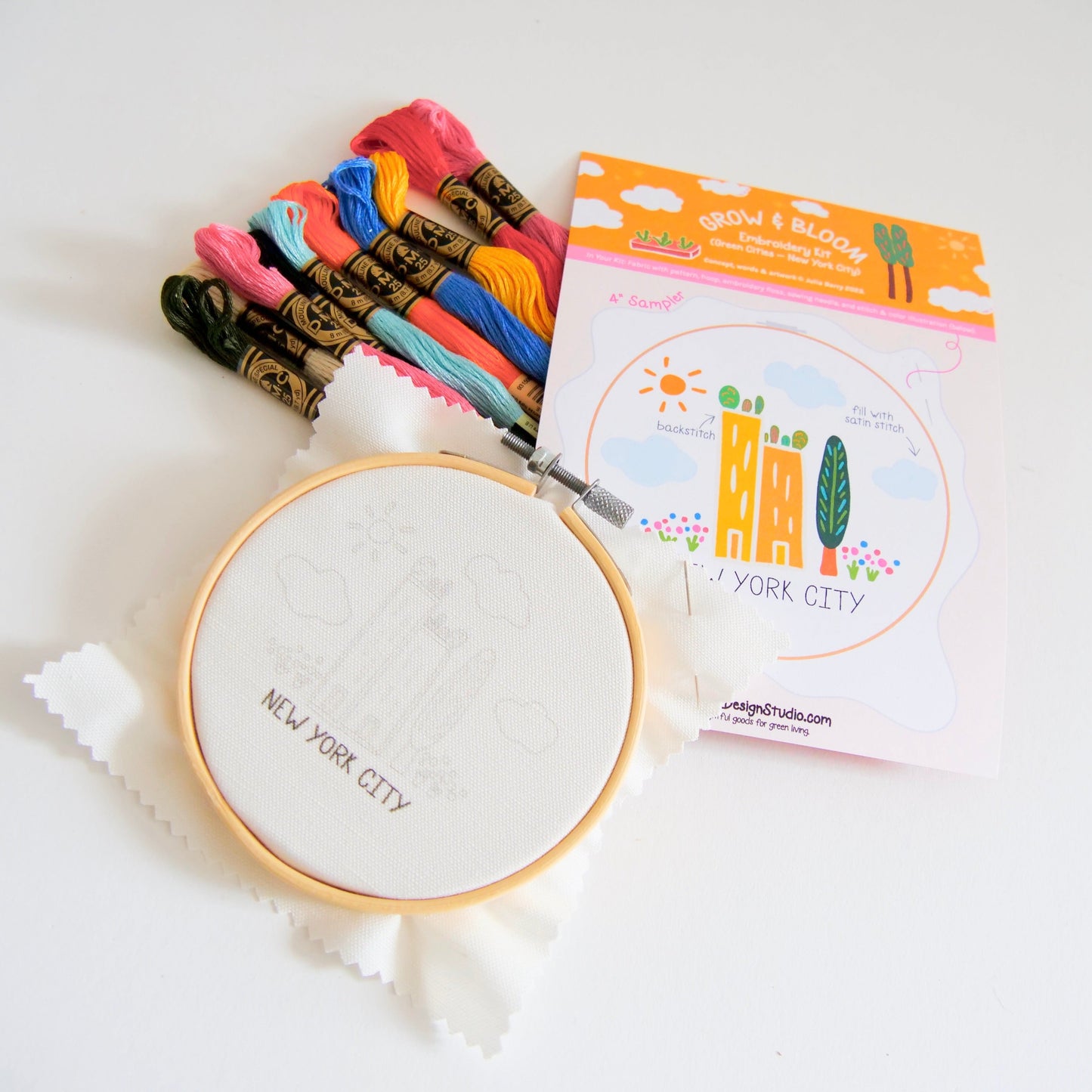 "New York City" Green Cities Eco-Embroidery Kit w. Apartment Gardens, Flowers, Clouds, Tree & Sun 4" Sampler (Joyful Threads / Grow & Bloom) - Prismatic Fiber Arts