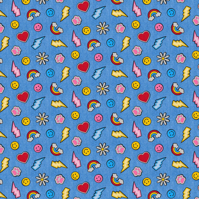 Blue Patch Perfect Smileys & Rainbows Cotton 43"/44" Fabric Per Yard - Prismatic Fiber Arts
