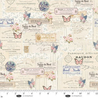 Parisian Snippets Digital Ecru Labels and Butterflies Cotton 44"/45" Fabric Per Yard - Prismatic Fiber Arts