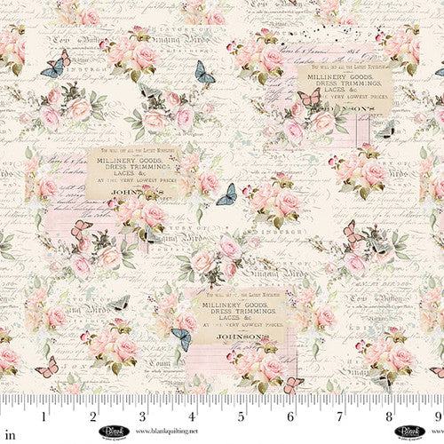 Parisian Snippets Digital Ecru Roses With Text Cotton 44"/45" Fabric Per Yard - Prismatic Fiber Arts