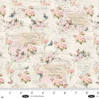 Parisian Snippets Digital Ecru Roses With Text Cotton 44"/45" Fabric Per Yard - Prismatic Fiber Arts