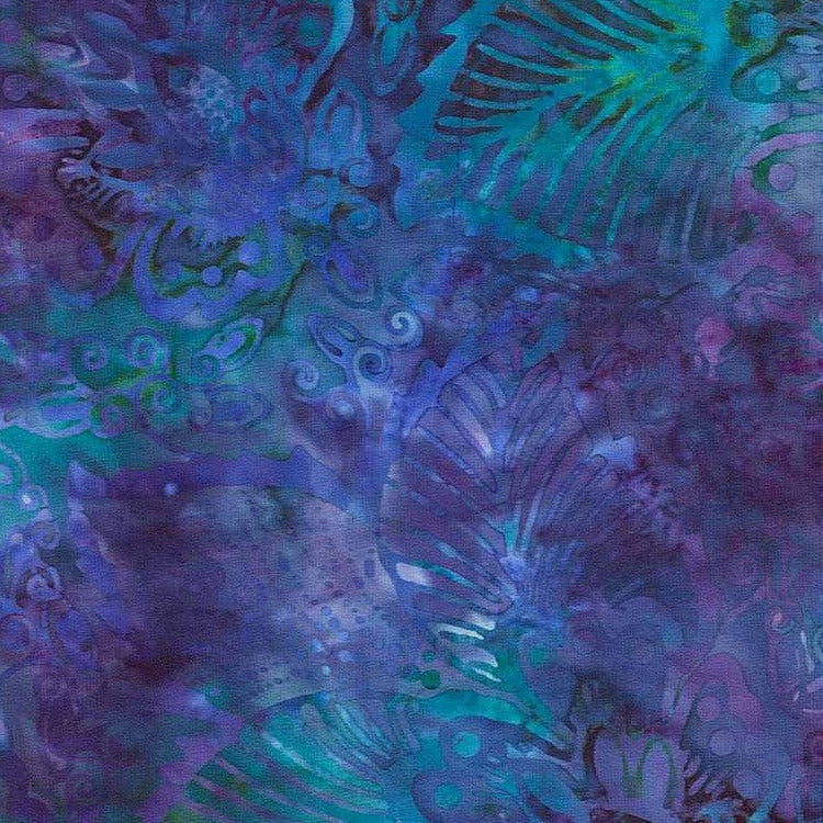 Blue Purple Tri Exotic Leaf Reef Batik Wideback Fabric Per Yard - Prismatic Fiber Arts