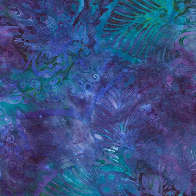 Blue Purple Tri Exotic Leaf Reef Batik Wideback Fabric Per Yard - Prismatic Fiber Arts