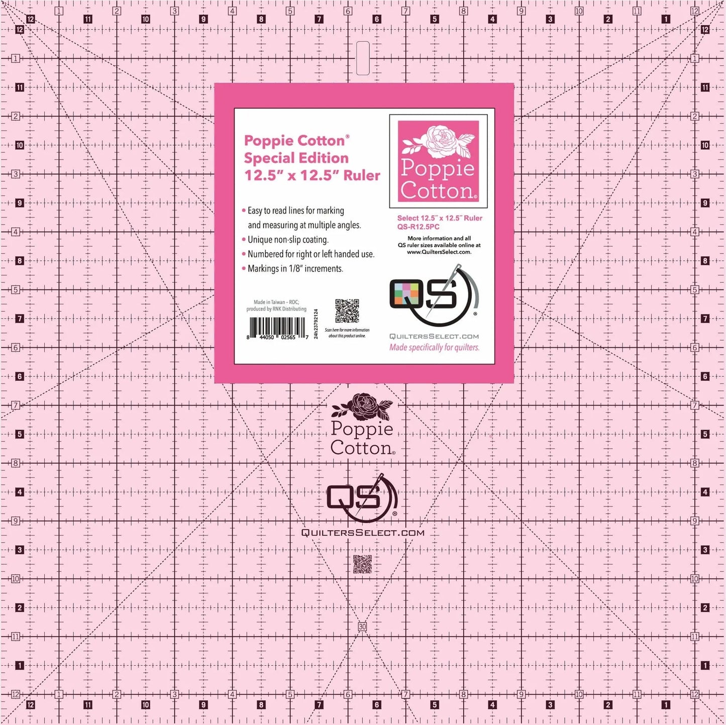 Quilters Select Poppie Cotton 12.5" x 12.5" Pink Non-Slip Ruler - Prismatic Fiber Arts