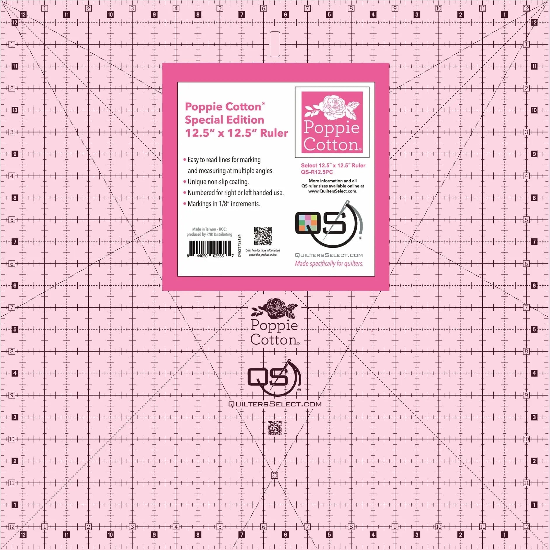 Quilters Select Poppie Cotton 12.5" x 12.5" Pink Non-Slip Ruler - Prismatic Fiber Arts