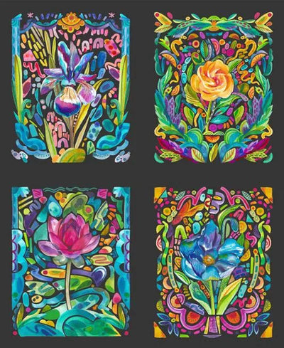 Radiant Midnight Wild Bold Flowers Watercolor 36" x 44" Panel - Prismatic Fiber Arts