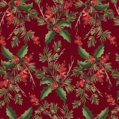 Red Burgandy Holly Bouquet Cotton Wideback Fabric per yard - Prismatic Fiber Arts