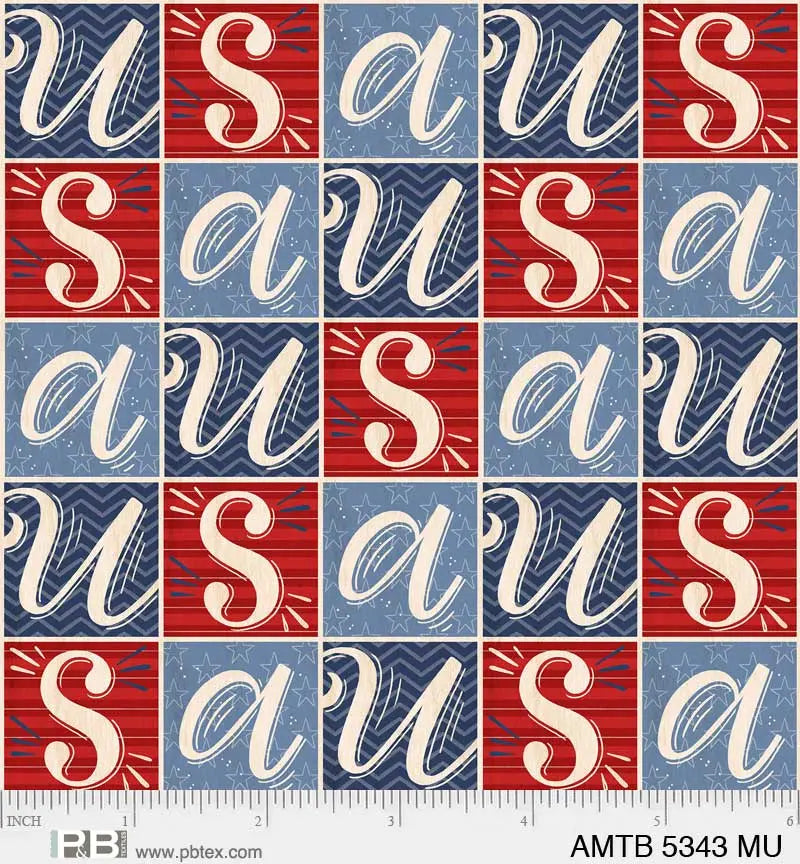Red White And Blue America The Beautiful Block Letters 44"/45" Fabric Per Yard - Prismatic Fiber Arts