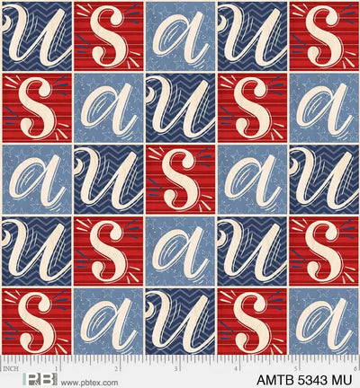 Red White And Blue America The Beautiful Block Letters 44"/45" Fabric Per Yard - Prismatic Fiber Arts