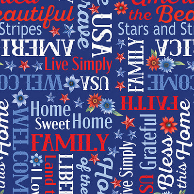 Red, White and Sweet Words Navy Cotton 44"/45" Fabric Per Yard - Prismatic Fiber Arts