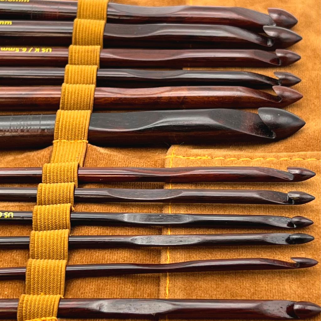 Premium Rosewood Crochet Hooks Set with Carrying Case | 13 Crochet Hooks Size US E - P - Prismatic Fiber Arts