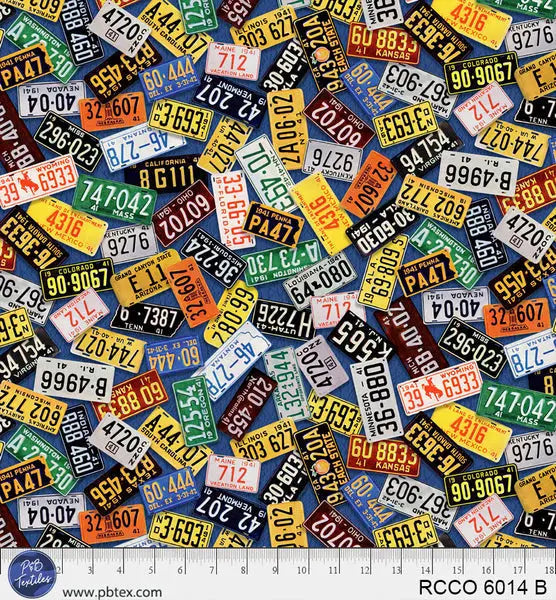 Route 66 License Plates Blue 44"/45" Fabric Per Yard - Prismatic Fiber Arts