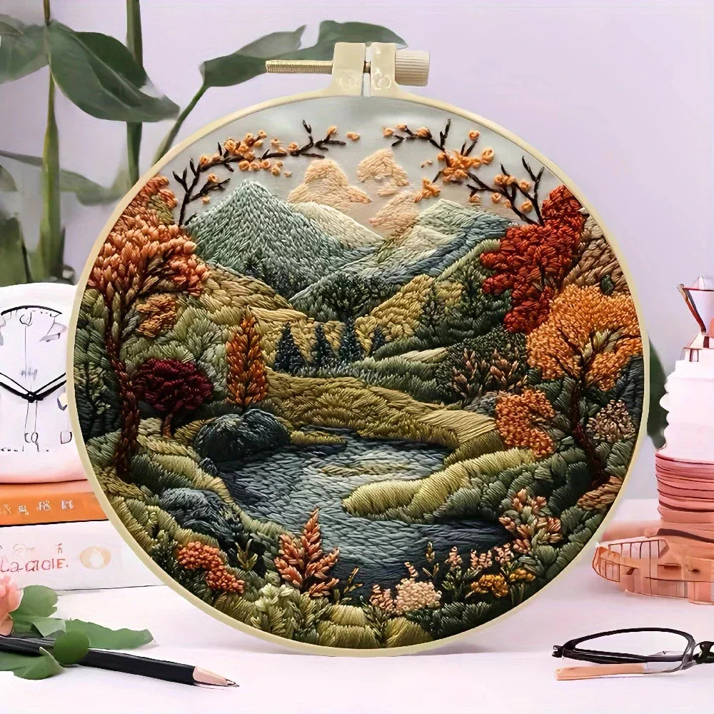 Beginners Hand Embroidery Kit - Mountain & Moon Landscape with Fabric & Threads - Prismatic Fiber Arts