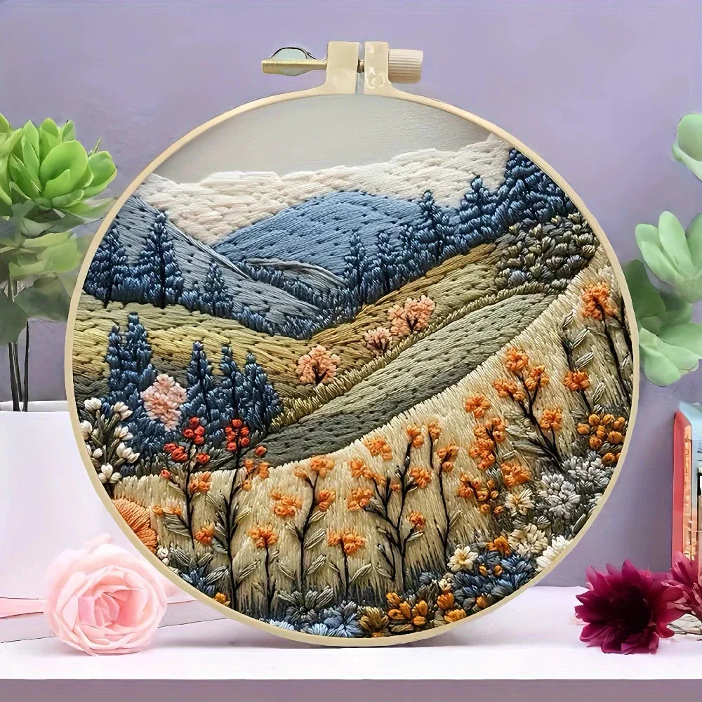 Beginners Hand Embroidery Kit - Mountain & Moon Landscape with Fabric & Threads - Prismatic Fiber Arts