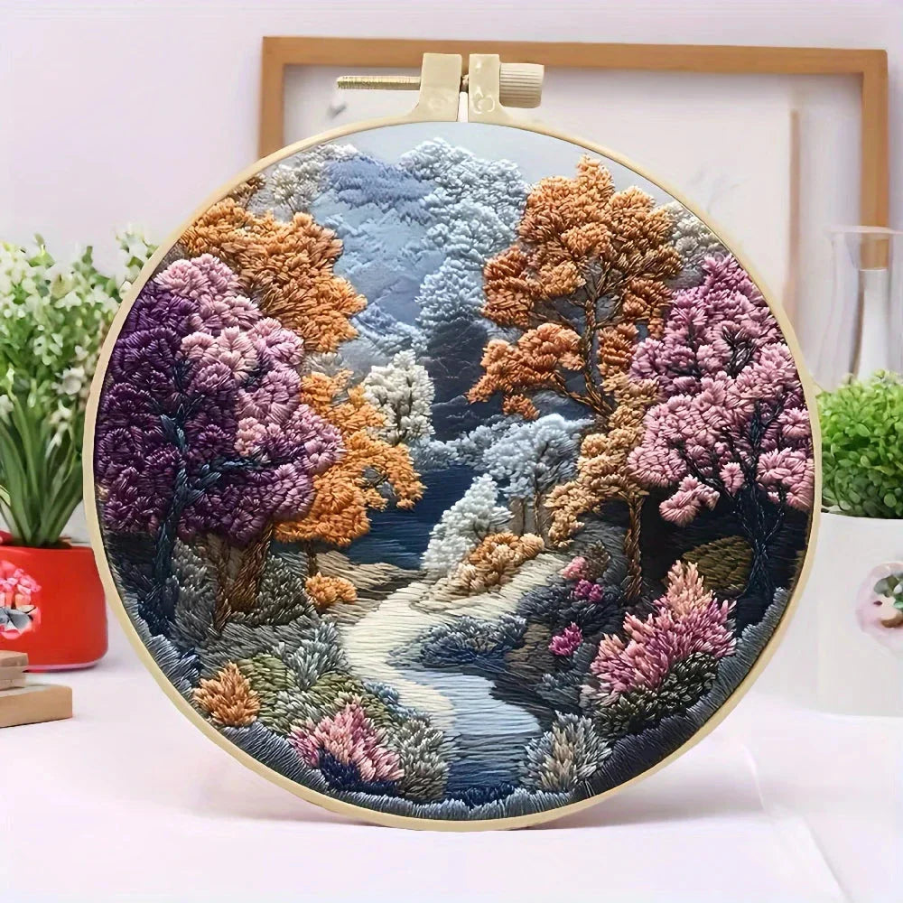 Beginners Hand Embroidery Kit - Mountain & Moon Landscape with Fabric & Threads - Prismatic Fiber Arts