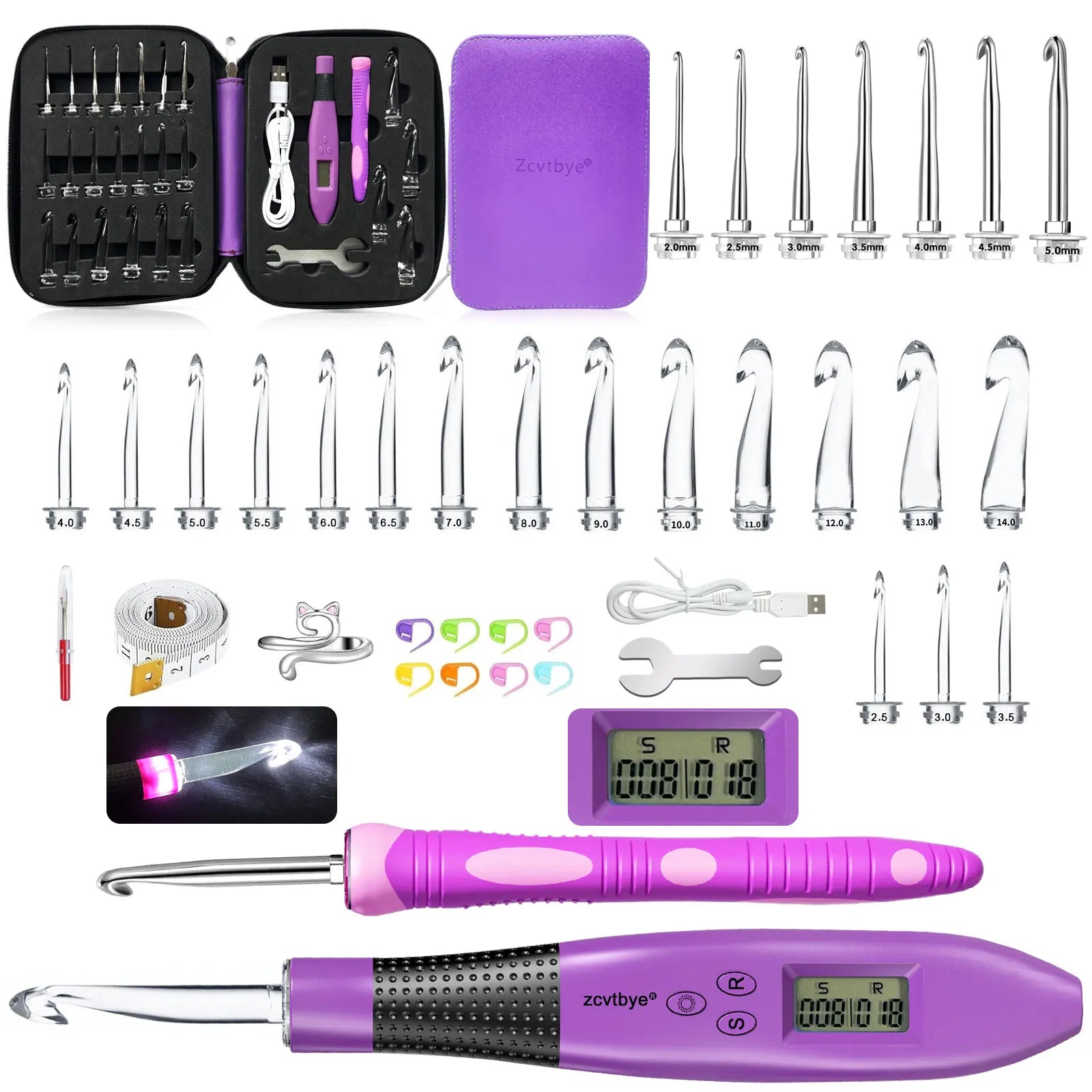 24pcs Crochet Hook Set with Counter LED Light & Stitch Ergonomic knitting needle Sewing Tools Set DIY Weaving Sweater Tool - Prismatic Fiber Arts