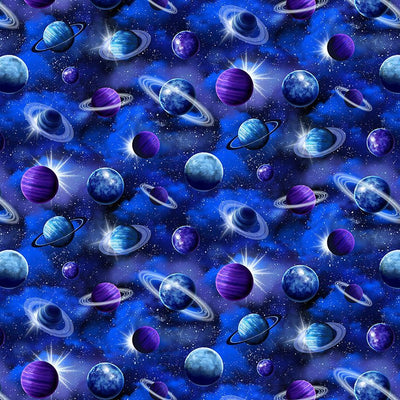 Navy Tossed Planets Cotton 44"/45" Fabric Per Yard - Prismatic Fiber Arts