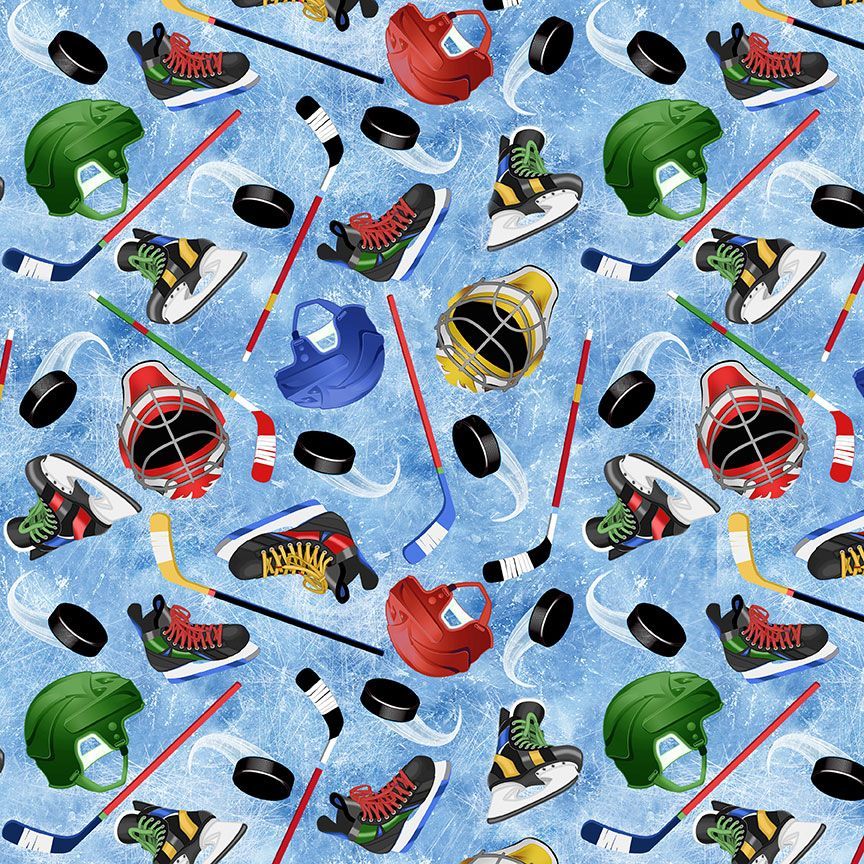 Blue Tossed Hockey Equipment Fitness Fanatic 44"/45" Fabric Per Yard - Prismatic Fiber Arts