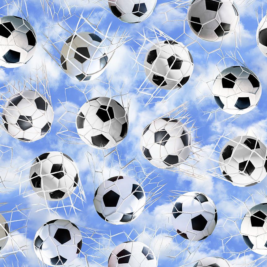 Blue Soccer Balls in Nets Fitness Fanatic 44"/45" Fabric Per Yard - Prismatic Fiber Arts