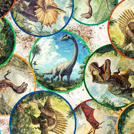 Sand Savage Kingdom Dinosaur Medallions Cotton 44"/45" Fabric Per Yard