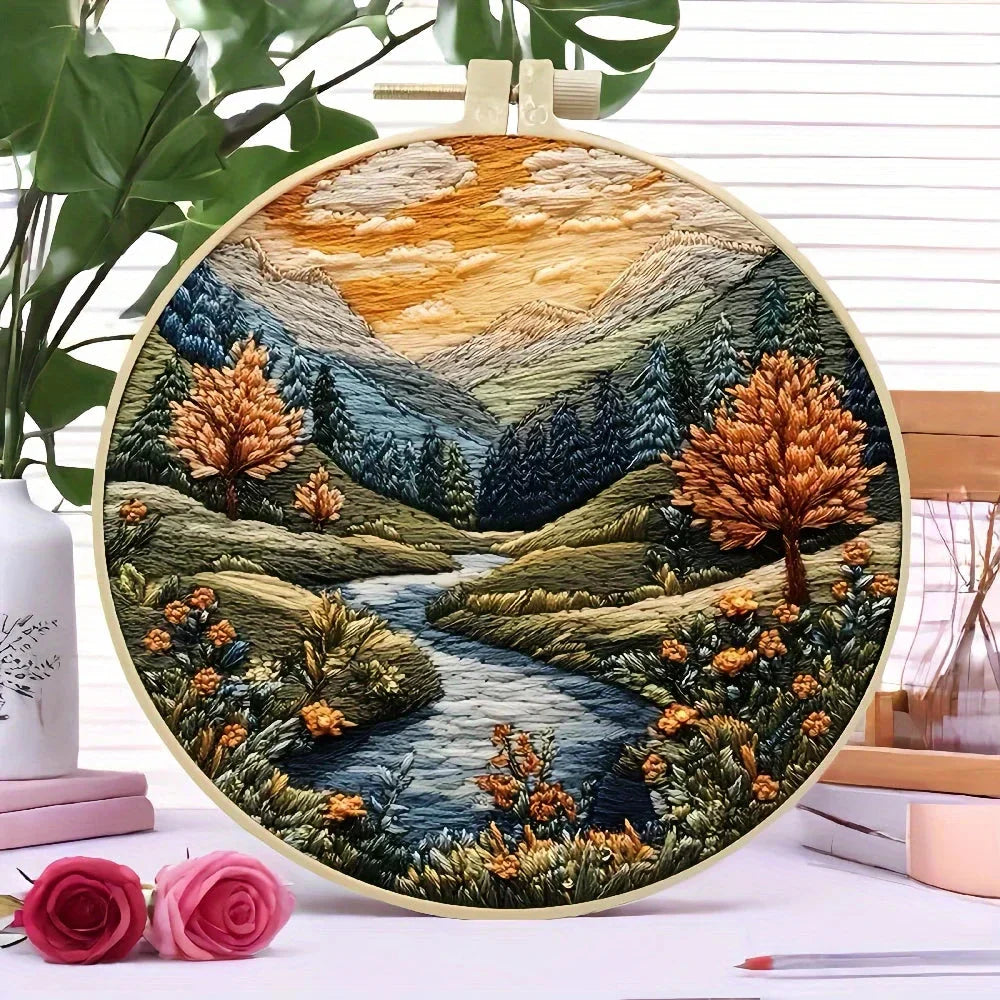 Beginners Hand Embroidery Kit - Mountain & Moon Landscape with Fabric & Threads - Prismatic Fiber Arts