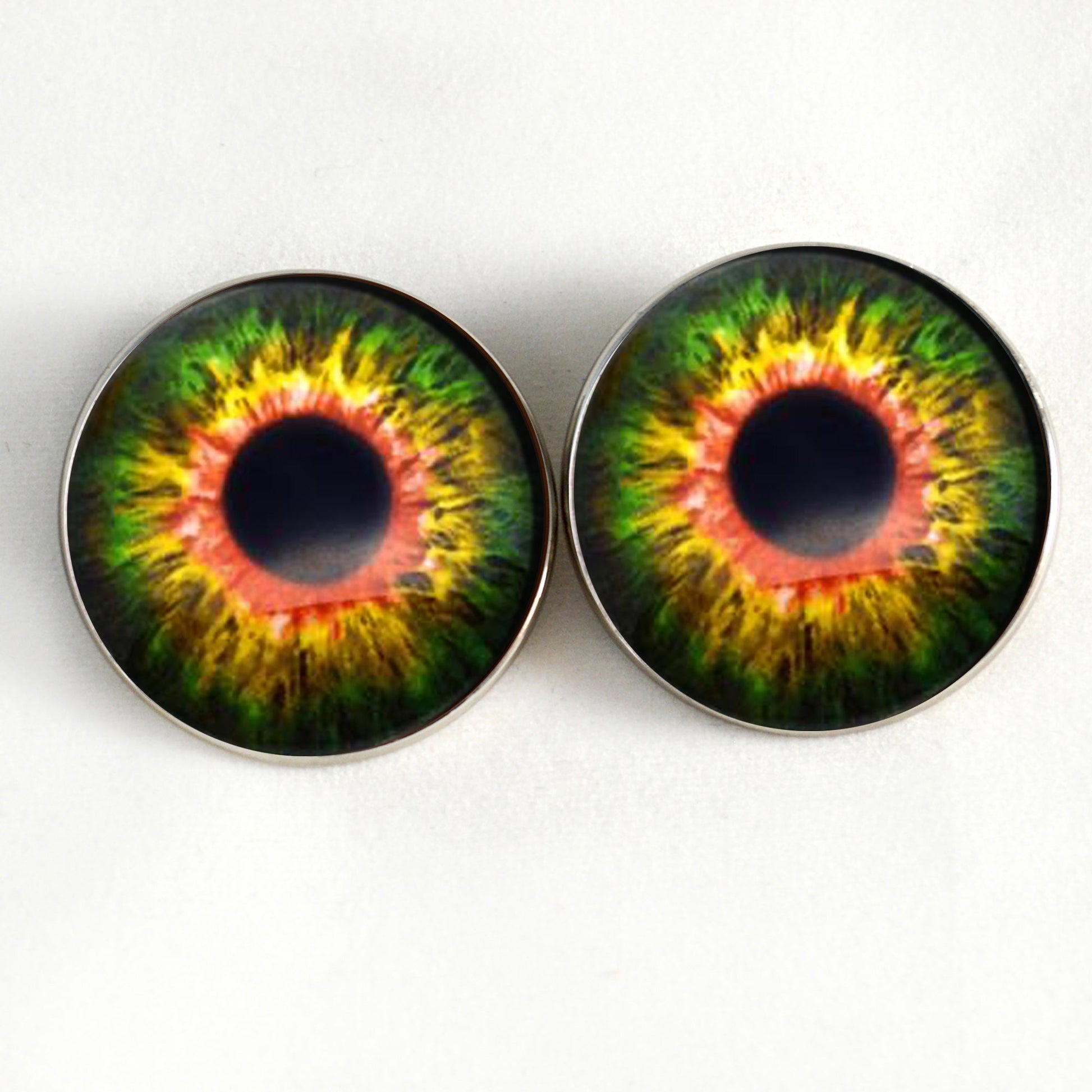 Sensational Green and Orange Creature Sew-On Button Glass Eyes - Prismatic Fiber Arts