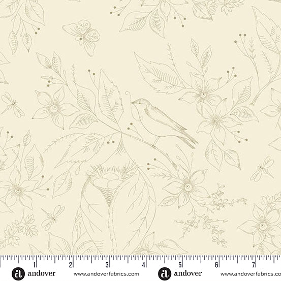 Sewing Bird Cream Cotton Wideback Fabric per yard - Prismatic Fiber Arts