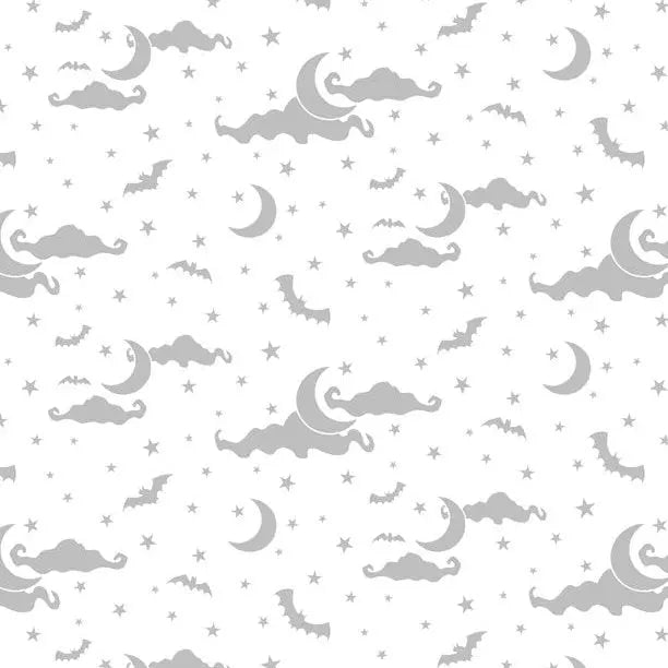 Spooky Spectacle - Moon and Stars All Over White on White Cotton 44"/45" Fabric Per Yard - Prismatic Fiber Arts