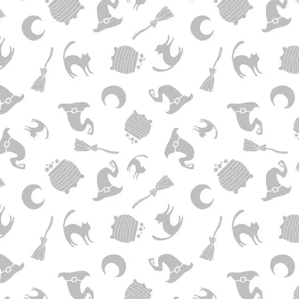 Spooky Spectacle - Witches Brew All Over White on White Cotton 44"/45" Fabric Per Yard - Prismatic Fiber Arts