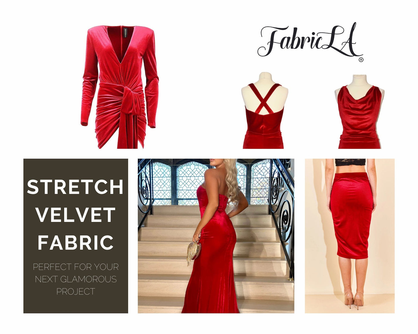 FabricLA Stretch Velvet Fabric by the Yard – Red | 90% Polyester 10% Spandex | 280gsm | 58/60” Wide - Prismatic Fiber Arts