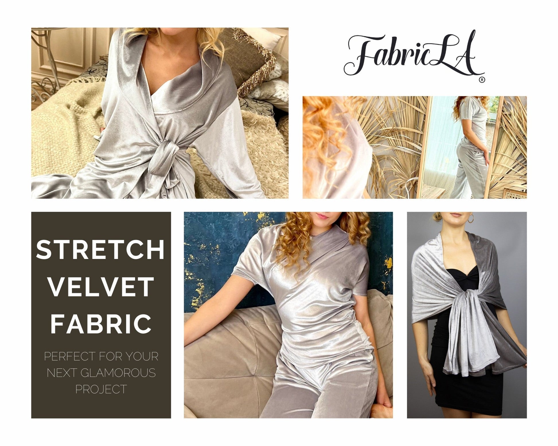 FabricLA Stretch Velvet Fabric by the Yard – Silver Grey | 90% Polyester 10% Spandex | 280gsm | 58/60” Wide - Prismatic Fiber Arts