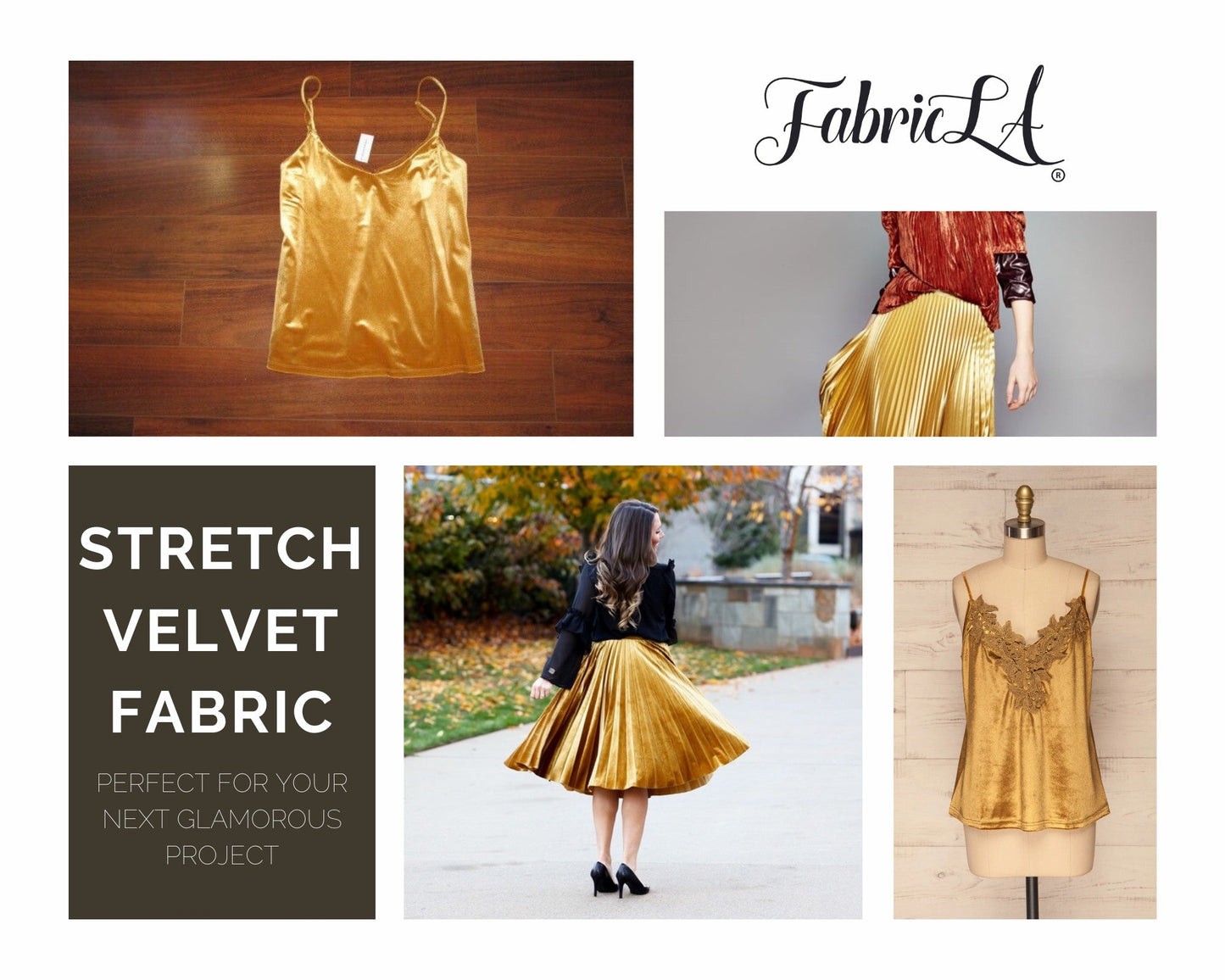 FabricLA Stretch Velvet Fabric by the Yard – Gold | 90% Polyester 10% Spandex | 280gsm | 58/60” Wide - Prismatic Fiber Arts