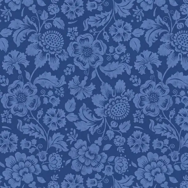 Sweet Cherry - Tonal Floral Navy/Blue Cotton 44"/45" Fabric Per Yard - Prismatic Fiber Arts