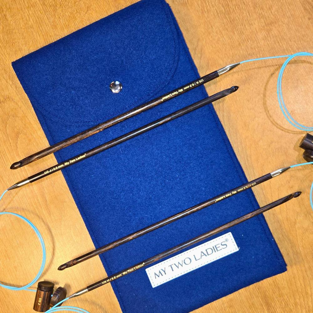 Blue Silk | Tunisian Adjustable Crochet Hook Set | 4 Sizes | H, I, J, K | w/custom case - Prismatic Fiber Arts