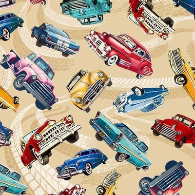 Tan Classic Cars Route 66 Cotton 44"/45" Fabric Per Yard - Prismatic Fiber Arts