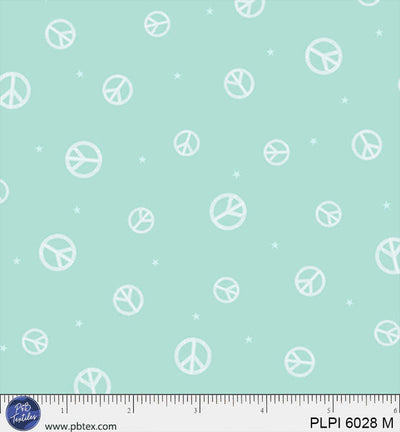 Teal Peace Symbol Peace, Love, Pickleball Cotton 44”/45” Fabric Per Yard - Prismatic Fiber Arts