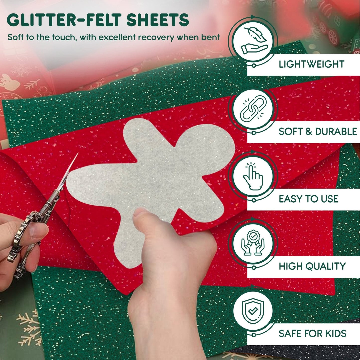 FabricLA Glitter Felt Sheets – 9x12" - 5 Pieces | 1.6mm Thick, Easy-to-Cut Craft Felt for DIY, Costumes & Decor