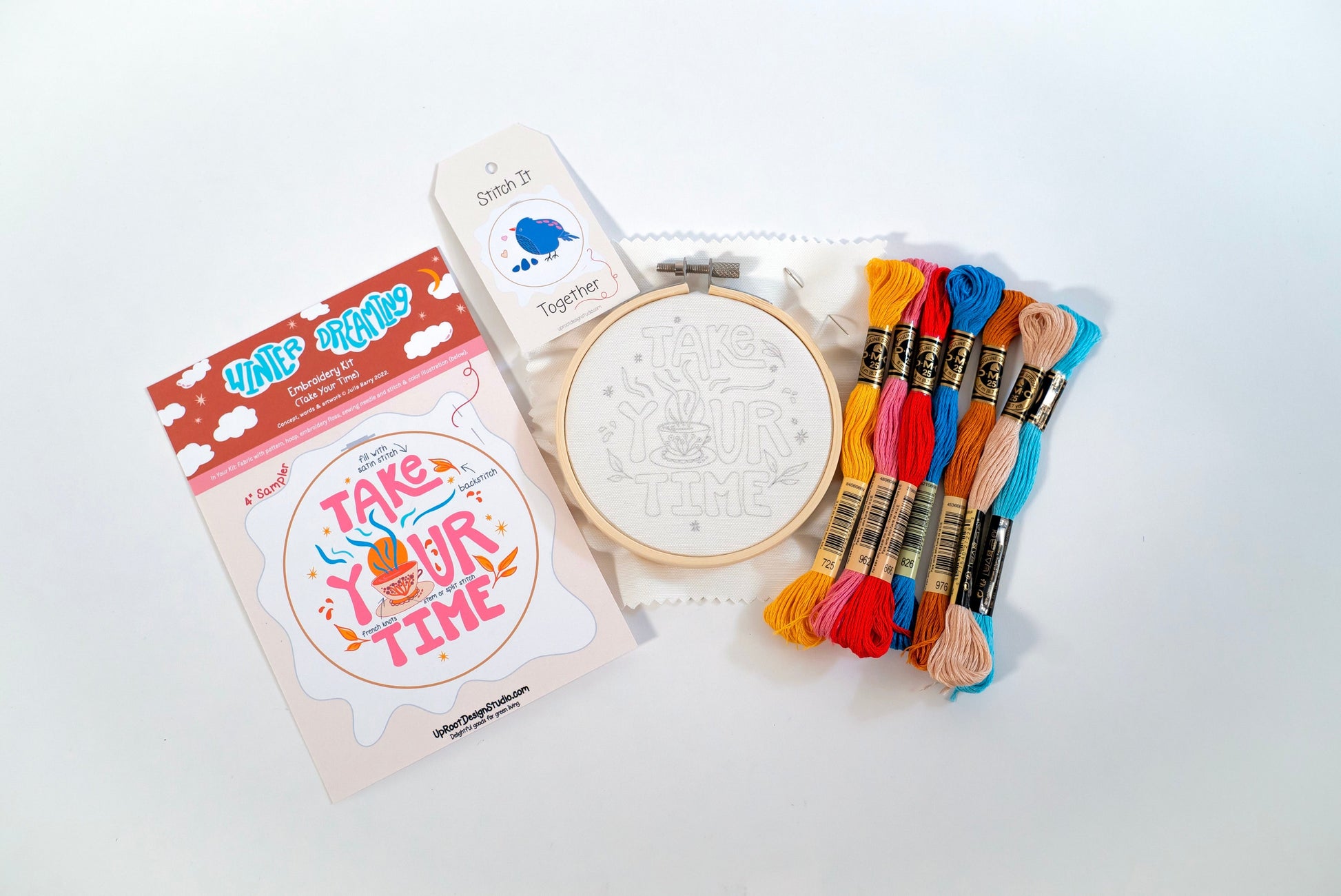 "Take Your Time" Eco-Embroidery Kit w. Tea Time Pattern (Joyful Threads Winter Dreaming) - Prismatic Fiber Arts