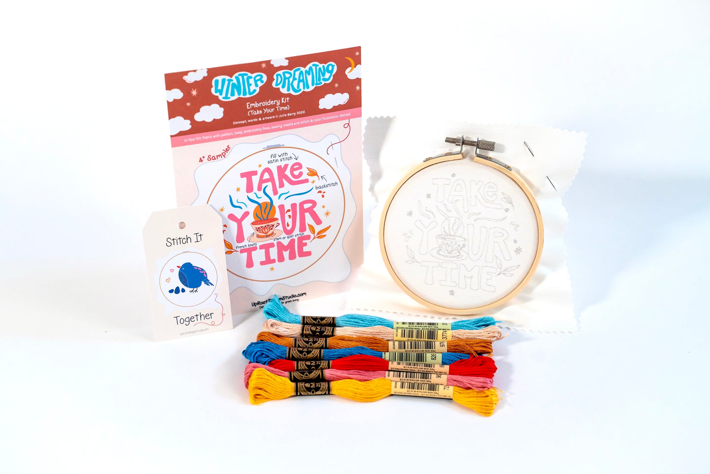 "Take Your Time" Eco-Embroidery Kit w. Tea Time Pattern (Joyful Threads Winter Dreaming) - Prismatic Fiber Arts