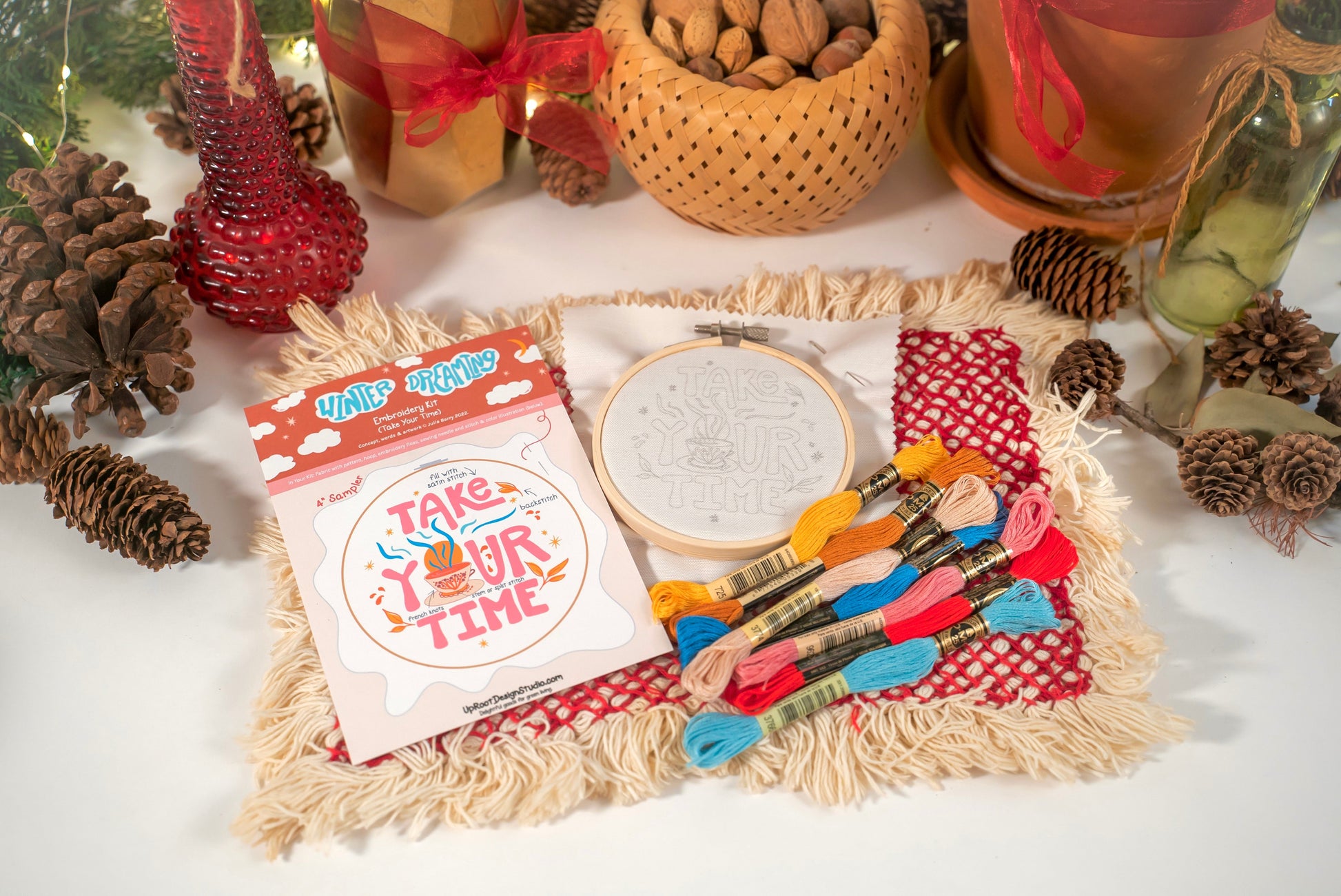 "Take Your Time" Eco-Embroidery Kit w. Tea Time Pattern (Joyful Threads Winter Dreaming) - Prismatic Fiber Arts