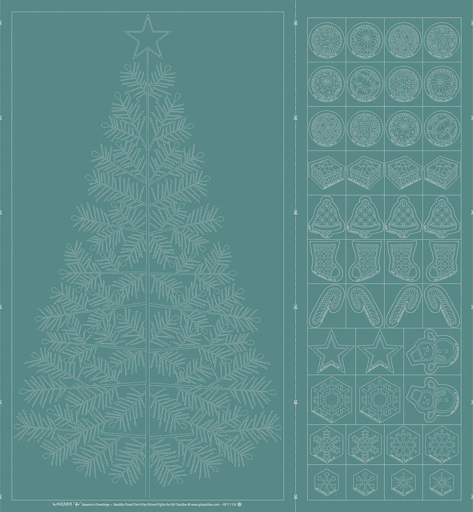 Wagara Sashiko Panel Season's Greeting Teal Blue - Prismatic Fiber Arts