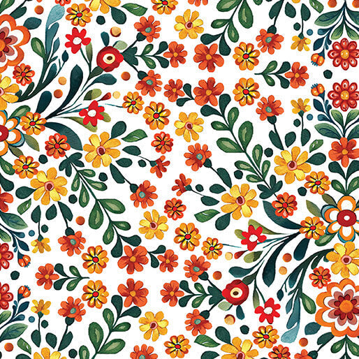 White Folklore Garden Cotton 44"/45" Fabric Per Yard - Prismatic Fiber Arts