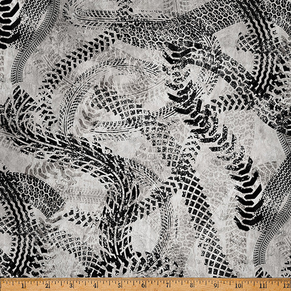 Gray Hammer Down Tire Tracks 43"/44" Fabric Per Yard - Prismatic Fiber Arts